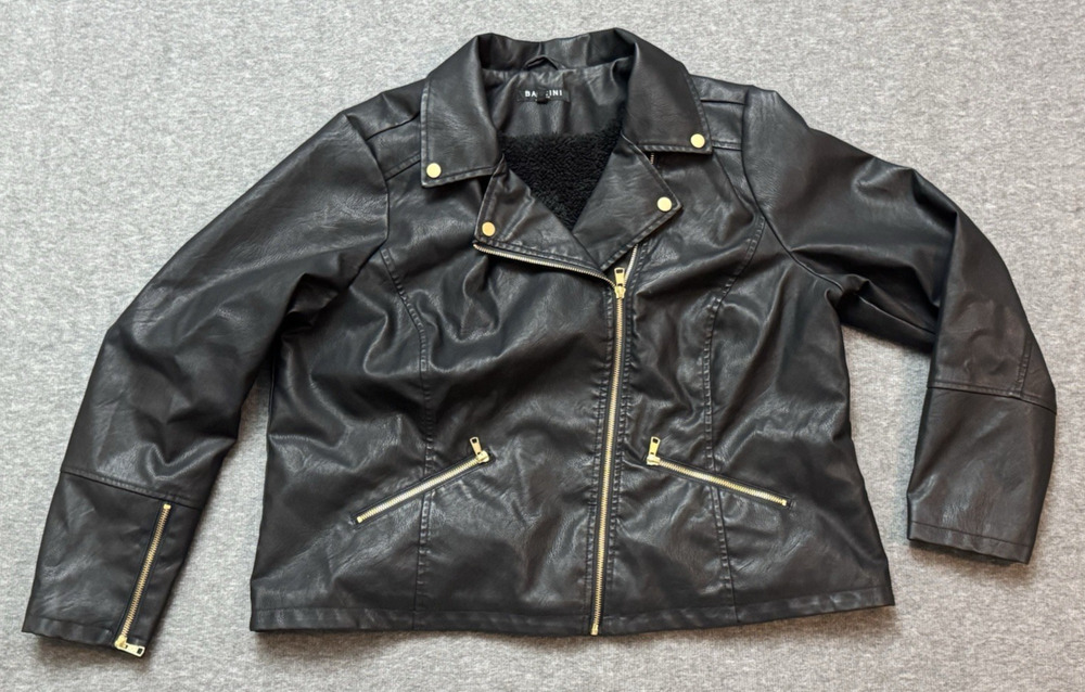 Baccini Black Faux Leather Moto Jacket Sherpa Lined - Women's Size 2X